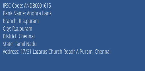 Andhra Bank R.a.puram Branch Chennai IFSC Code ANDB0001615