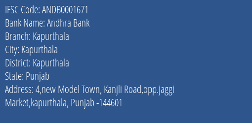 Andhra Bank Kapurthala Branch, Branch Code 001671 & IFSC Code ANDB0001671