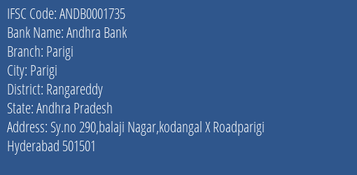 Andhra Bank Parigi Branch Rangareddy IFSC Code ANDB0001735