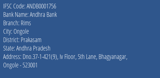 Andhra Bank Rims Branch Prakasam IFSC Code ANDB0001756
