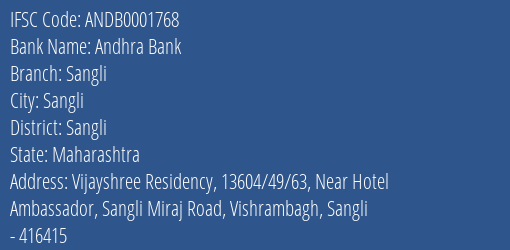 Andhra Bank Sangli Branch, Branch Code 001768 & IFSC Code ANDB0001768