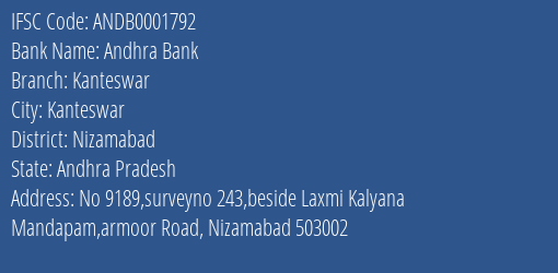 Andhra Bank Kanteswar Branch Nizamabad IFSC Code ANDB0001792