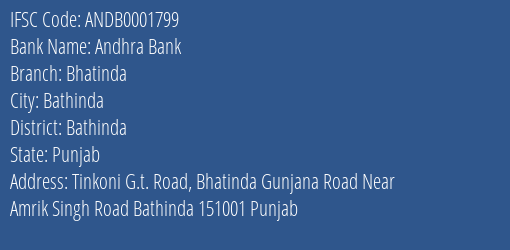 Andhra Bank Bhatinda Branch, Branch Code 001799 & IFSC Code ANDB0001799