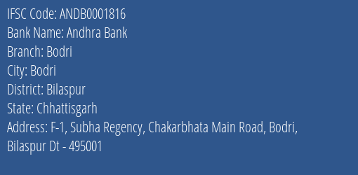 Andhra Bank Bodri Branch, Branch Code 001816 & IFSC Code ANDB0001816
