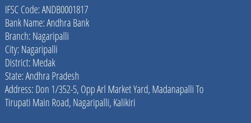 Andhra Bank Nagaripalli Branch Medak IFSC Code ANDB0001817