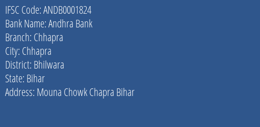 Andhra Bank Chhapra Branch Bhilwara IFSC Code ANDB0001824