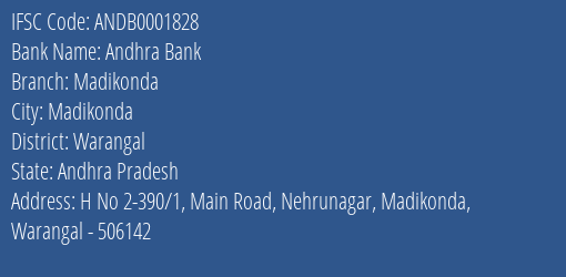 Andhra Bank Madikonda Branch Warangal IFSC Code ANDB0001828