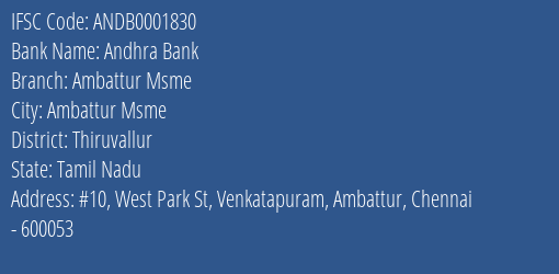 Andhra Bank Ambattur Msme Branch, Branch Code 001830 & IFSC Code ANDB0001830