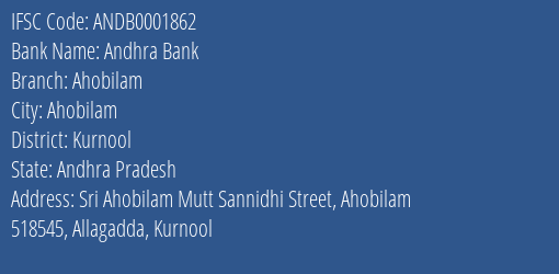 Andhra Bank Ahobilam Branch Kurnool IFSC Code ANDB0001862