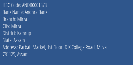 Andhra Bank Mirza Branch Kamrup IFSC Code ANDB0001878