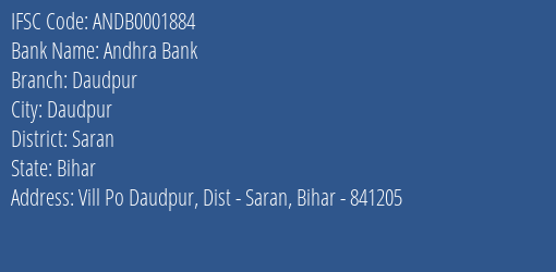 Andhra Bank Daudpur Branch, Branch Code 001884 & IFSC Code ANDB0001884