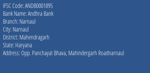 Andhra Bank Narnaul Branch Mahendragarh IFSC Code ANDB0001895