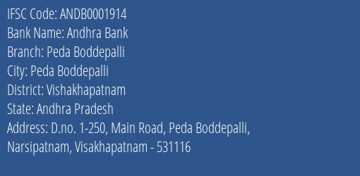 Andhra Bank Peda Boddepalli Branch Vishakhapatnam IFSC Code ANDB0001914