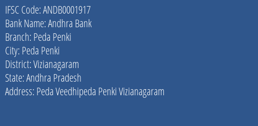 Andhra Bank Peda Penki Branch Vizianagaram IFSC Code ANDB0001917