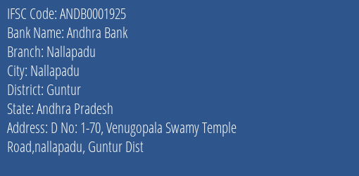 Andhra Bank Nallapadu Branch Guntur IFSC Code ANDB0001925