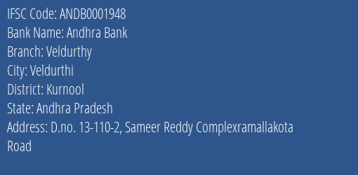 Andhra Bank Veldurthy Branch Kurnool IFSC Code ANDB0001948