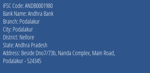 Andhra Bank Podalakur Branch Nellore IFSC Code ANDB0001980