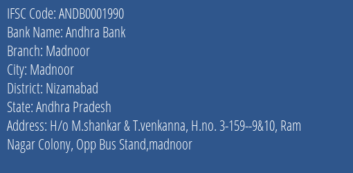 Andhra Bank Madnoor Branch Nizamabad IFSC Code ANDB0001990