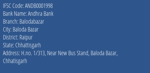 Andhra Bank Balodabazar Branch Raipur IFSC Code ANDB0001998