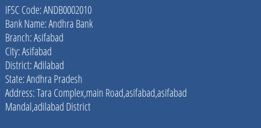 Andhra Bank Asifabad Branch Adilabad IFSC Code ANDB0002010