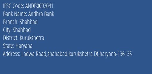 Andhra Bank Shahbad Branch Kurukshetra IFSC Code ANDB0002041