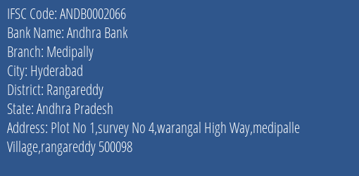 Andhra Bank Medipally Branch Rangareddy IFSC Code ANDB0002066
