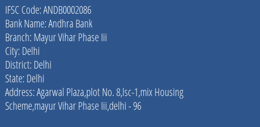 Andhra Bank Mayur Vihar Phase Iii Branch Delhi IFSC Code ANDB0002086