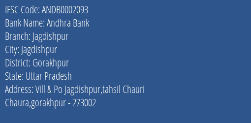 Andhra Bank Jagdishpur Branch, Branch Code 002093 & IFSC Code ANDB0002093