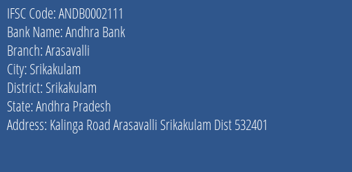 Andhra Bank Arasavalli Branch Srikakulam IFSC Code ANDB0002111