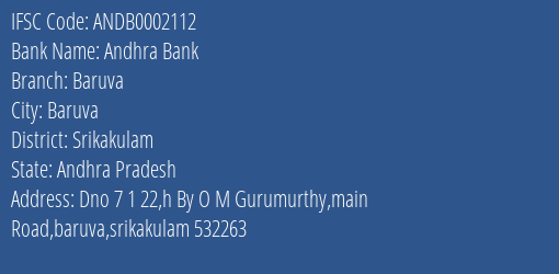 Andhra Bank Baruva Branch Srikakulam IFSC Code ANDB0002112