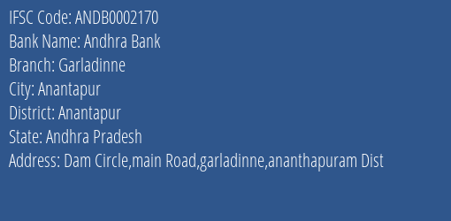Andhra Bank Garladinne Branch Anantapur IFSC Code ANDB0002170