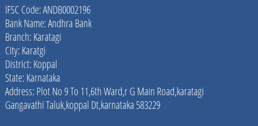 Andhra Bank Karatagi Branch Koppal IFSC Code ANDB0002196