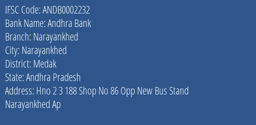 Andhra Bank Narayankhed Branch Medak IFSC Code ANDB0002232