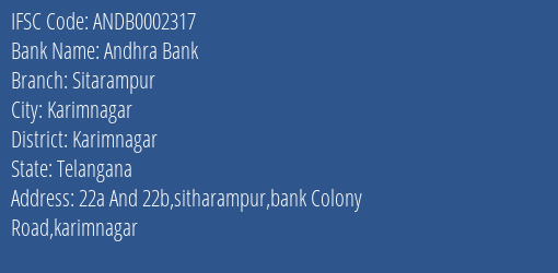 Andhra Bank Sitarampur Branch Karimnagar IFSC Code ANDB0002317