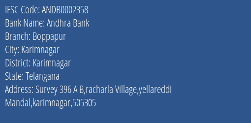 Andhra Bank Boppapur Branch Karimnagar IFSC Code ANDB0002358