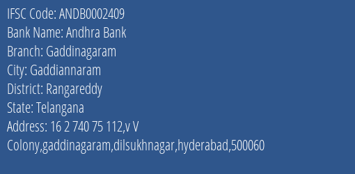 Andhra Bank Gaddinagaram Branch Rangareddy IFSC Code ANDB0002409
