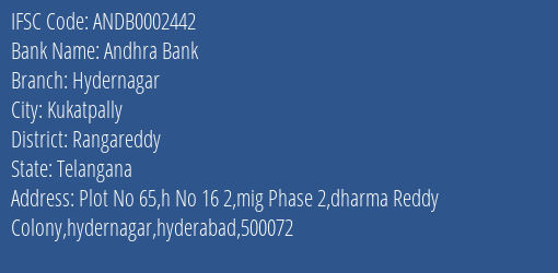 Andhra Bank Hydernagar Branch Rangareddy IFSC Code ANDB0002442