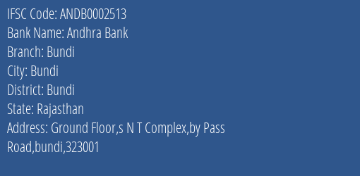 Andhra Bank Bundi Branch, Branch Code 002513 & IFSC Code ANDB0002513