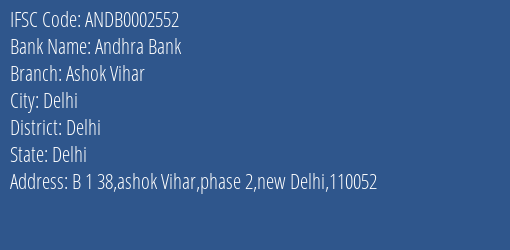 Andhra Bank Ashok Vihar Branch Delhi IFSC Code ANDB0002552