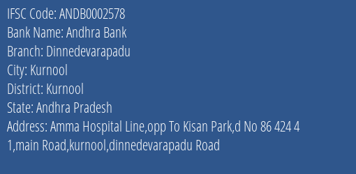 Andhra Bank Dinnedevarapadu Branch Kurnool IFSC Code ANDB0002578