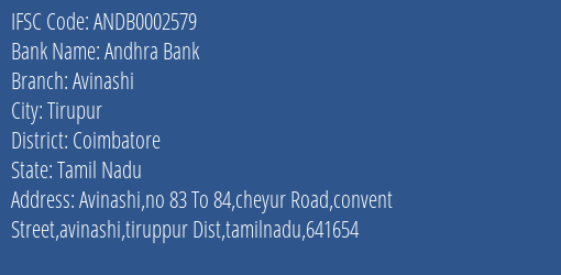 Andhra Bank Avinashi Branch Coimbatore IFSC Code ANDB0002579