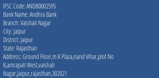 Andhra Bank Vaishali Nagar Branch Jaipur IFSC Code ANDB0002595