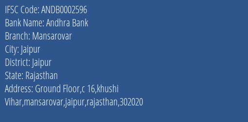 Andhra Bank Mansarovar Branch, Branch Code 002596 & IFSC Code ANDB0002596