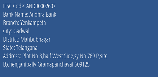 Andhra Bank Yenkampeta Branch Mahbubnagar IFSC Code ANDB0002607