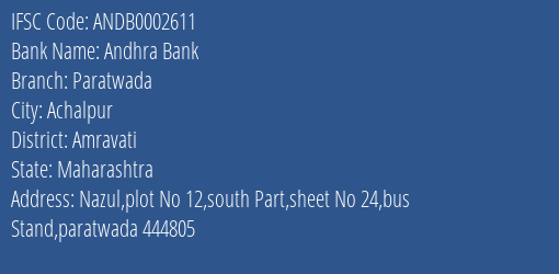Andhra Bank Paratwada Branch Amravati IFSC Code ANDB0002611