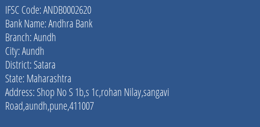 Andhra Bank Aundh Branch Satara IFSC Code ANDB0002620