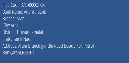Andhra Bank Arani Branch Tiruvannamalai IFSC Code ANDB0002726