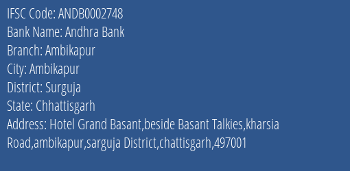 Andhra Bank Ambikapur Branch Surguja IFSC Code ANDB0002748