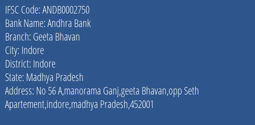 Andhra Bank Geeta Bhavan Branch Indore IFSC Code ANDB0002750