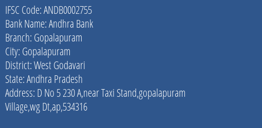 Andhra Bank Gopalapuram Branch West Godavari IFSC Code ANDB0002755